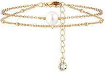 MEVECCO Bracelet for Women Gold Layered Satellite Chain Single Pearl Bead Wire Wrapped 14K Gold Plated Dainty 2 Layer Handmade Simple Jewelry