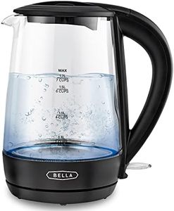 BELLA 1.7 Liter Glass Electric Kettle, Quickly Boil 7 Cups of Water in 6-7 Minutes, Soft Blue LED Lights Illuminate While Boiling, Cordless Portable Heater, Carefree Auto Shut-Off, Black
