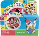 Microwave Safe 5pcs Character Animation 2023 Cartoon Dinner Tableware Set Plate, Bowl, Cup, Fork, Spoon BPA Free re-usable Plastic (Mickey Mouse)