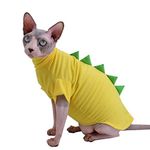 Dinosaur Design Sphynx Hairless Cat Clothes Cute Breathable Summer Cotton Shirts Cat Costume Pet Clothes,Round Collar Kitten T-Shirts with Sleeves, Cats & Small Dogs Apparel (S (2-3.5 lbs), Yellow)