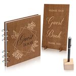 Creawoo Wooden Wedding Guest Book with Table Sign, Pen & Holder, Memory Signature Guestbook with 90 White Pages for Wedding Reception, Anniversary, Birthday Party