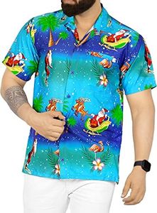 LA LEELA Christmas Santa Beach Point Collar Shirt Blue 175 M |Chest 40" - 44"