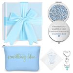 Set of 5 Something Blue Wedding Gift for Bride to My Best Friend Wedding Embroidered Handkerchief Angel Bouquet Charm Something Blue Bridal Cosmetic Bag Diamond Compact Mirror Blue Raffia Gift Box