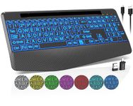 Wireless Keyboard with 7 Colored Backlit, Wrist Rest, Phone Holder, Rechargeable Ergonomic Computer Keyboard with Silent Keys, Full Size Lighted Keyboard for Windows, MacBook, PC, Laptop (Large Print)