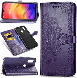 MUSESHOP Funda Xiaomi Redmi Note 7/Note 7 Pro, Estuche de Cuero Estampado Mandala Libro de Cuero con Tapa y Cartera, Carcasa PU Leather con TPU Silicona Case Interna Suave - Morado