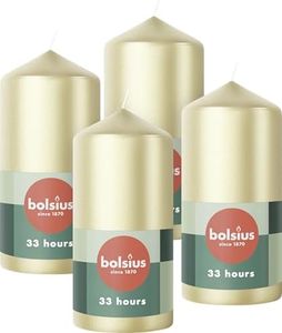 Bolsius Candele a pilastro lisce, argento metallizzato, 4 pezzi, 12 x 6 cm, candele decorative, lunghezza 33 ore, non profumate, include cera vegetale naturale, senza olio di palma, Avvento