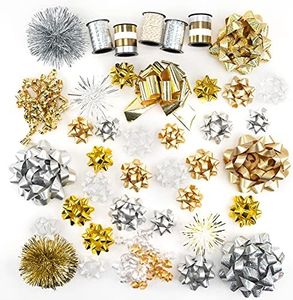 WRAPAHOLIC 40 Pcs Gift Bows Assortment - 28 Assorted Size Gift Bows(Gold&Silver&White), 1 Pull Bow, 2 Tinsel Bows, 2 Fountain Bows, 2 Curly Bows, 4 Curling Ribbons, 1 Cotton Twine