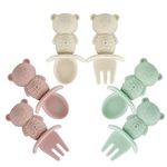 PandaEar 6 Pack Baby Weaning Spoons Self Feeding 4 6 Months| Silicone Baby Spoon and Fork Set, Toddler Infant Baby Feeding Spoons with Anti-Choke Design| Bear Shape - Pink Green Linen