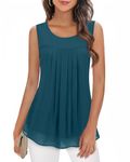 Timeson Womens Tops Sleeveless, Ladies Summer Flowy Tunic Tank Tops Elegant Round Neck Pleated Front Chiffon Blouses Shirt Stretchable Soft Lining Not See Through Swing Tunic Deep Cyan Large