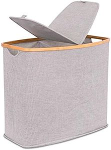 BirdRock Home Bamboo & Canvas Hamper | Double Laundry Basket with Lid | Divided Foldable Hamper | Cut Out Handles
