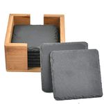 8 Pcs Natural Slate Coasters,Slate Drink Coasters,Bulk Square Slate Stone Cup Coaster Black Coasters Set Natural Stone Drinks Coasters with Wood Holder for Drinks, Cups, Bar, Glass (10x10cm)