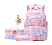 Star-Print School Backpack Set with Lunch Kits Bookbag for Teenager Girls 3pcs Gradient SchoolBag for Primary Student, Pink, C, Modern