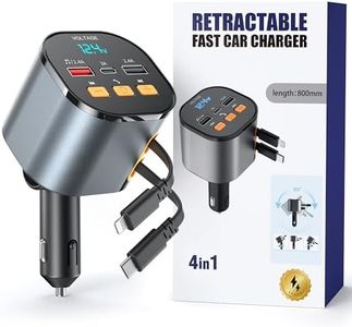 Retractable Car Charger, Upgraded Hands-Free Calling Car Adapter, Charging Bluetooth Transmitter FM Adapter with 2 Retractable Cable & Dual USB & Type-C Port, 4 in 1 Wireless Bluetooth Car Kit