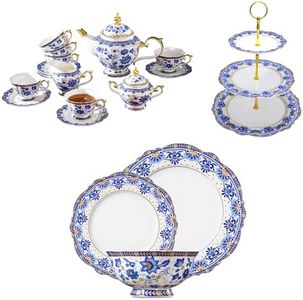 ACMLIFE Bone China Tea Set for 6, Bone China Dinnerware Set for 4, 3 Tier Cupcake Stands for Dessert Table