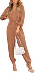 PRETTYGARDEN Womens Long Sleeve Romper 2024 Fall One Piece Outfits V Neck Casual Long Pants Jumpsuits With Belt Pockets (Camel,Medium)