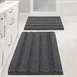 H.VERSAILTEX Striped Bathroom Mats for Bathroom Set of 2 Anti-Slip Bath Mats Soft Plush Chenille Yarn Shaggy Mat Living Room Bedroom Mat Floor Water Absorbent (Grey, 32 x 20 Plus 24 x 17 Inches)