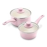 GreenLife Soft Grip Healthy Ceramic Nonstick, 1QT and 2QT Saucepan Pot Set with Lids, PFAS-Free, Dishwasher Safe, Soft Pink