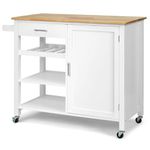 GiantexUK Kitchen Island Cart on Wheels, Mobile Storage Trolley with Oak Wood Countertop, Adjustable Shelves, Towel Rack & Wine Rack, Utility Serving Trolley for Dining Living Room (White Body)