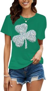 Metallic Sparkle Sequin Shamrock Tops for Women Plus Size Puff Sleeve Pullover Fall Tops Shiny Party Shirt, Green+ Sequin Shamrock, Large