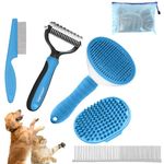 WOPQAEM 5 in 1 Dog Grooming Kit - Self-Cleaning Slicker Brush for Shedding Short Long Haired Dogs & Cats, Includes Pet Comb, Flea Comb, Bath Brush, Undercoat Rake - Complete Fur Care Set - Blue