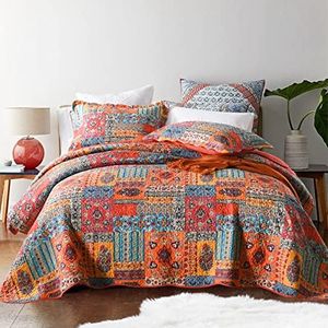 Qucover 3 PCs Quilted Bedspreads Soft Cotton Microfiber Patchwork Quilt Bedspreads King Size 230x250 cm, Flower Pattern Mixed Orange Blue Colors Bed Throws and Pillowcases for Bedroom Decor