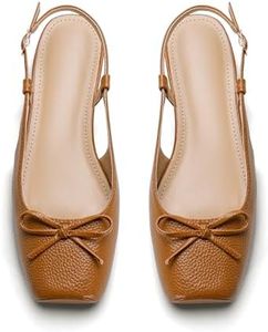 Lhamo Latso Brown Ballet Flats 1 Inch Low Block Heel Slingback Comfortable Ballerina Flat Bow Dressy Flats Shoes for Women Satin 9.5