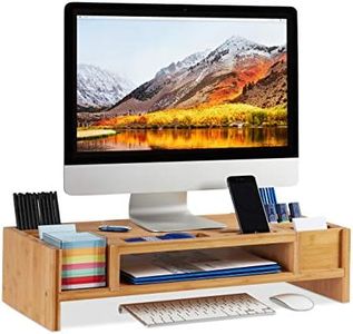 relaxdays moniteur, Support d’écran bambou, 14 compartiments, Rehausseur ergonomique, HLP 15x65x28cm, naturel, 15 x 65 x 28 cm