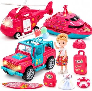 CUTE STONE Kids Vehicle Playset with Lights & Sounds, Vacation Travel Toy Car for Girls with Off-Road Vehicle, Yacht & Pink Helicopter, Doll & Travel Accessories, Pretend Play Gift for Toddlers