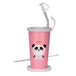 PDDFALCON Stainless Steel Panda Cartoon Print Glass/Tumbler With Bpa Free Lid,Steel Straw With Cleaning Brush&Food Grade Cap For Straw&Extra Storage Lid,100% Leak Proof - 450Ml (Pink)