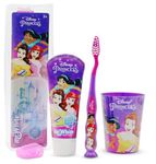 Princess Toiletry Bag Contains Toothbrush with Protection Cap, Suction Cup, Comfortable Handle and Soft Bristles, Mint Flavour Toothpaste and Multi-Purpose Beaker for Kids