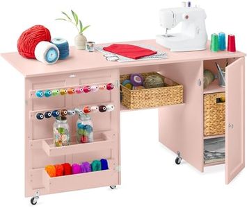 Best Choice Products Large Folding Sewing Table, Multipurpose Portable Craft Station & Side Desk w/Compact Design, Caster Wheels, Storage Shelves, 2 Storage Trays, Magnetic Doors - Pink