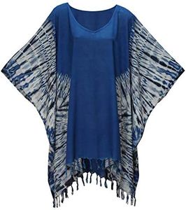 ATM Tie Dye Poncho Caftan Kaftan Tunic Blouse Cover Up Handmade Plus Size, Blue