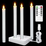 Yme Rechargeable LED Taper Candles with Charging Station, 4pcs Flameless Fake Tapered Candles Battery Operated Flickering with Remote Timer Wax Coated for Christmas Halloween Decorations