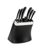 Robert Welch Signature Knife Block Set. includes 6 signature kitchen knives - Bread 22cm, Carving 23cm, Cook's 18cm, Kitchen 14cm, Santoku 11cm, Paring 10cm, and Built-in Knife Sharpener