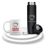 Savri Personalized Dentist Combo-Stylish Black Bottle with Dentist Logo & Dental Theme Coffee Mug - Customized with Your Name. Ideal Gift Set for Dental Professionals on Graduations & Appreciation.