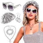 LaVenty Disco Ball Hat Disco Ball Headbands Silver Beret Hat Glasses Disco Ball Earring Necklace 1970s Vintage Disco Ball