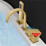 WATHELS Solid Brass Waterfall Bathtub Faucet 4 Holes Bathroom Roman Tub Filler with Handheld Shower Set (Brushed Gold)