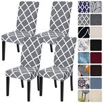 SearchI Dining Room Chair Covers Set of 4, Stretch Spandex Kitchen Chair Slipcovers Removable Washable Geometric Parsons Chair Covers Protector for Dining Room, Hotel, Ceremony (Gray+White)