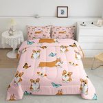 Erosebridal Cute Corgi Bedding Set for Girls Kawaii Dog Comforter Set Twin, Cartoon Puppy Pugs Bedding Sets & Collections Pet Themed Down Comforter, Animal Bed Sets for Boys Kids Teens Bedroom