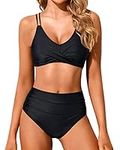 Holipick Women High Waisted Bikini Set Two Piece Swimsuits Push up Wrap Swim Suits Top Tummy Control Bathing Suit Bottom, Black, X-Large