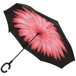 A2Z Women's Double Layer Inverted Umbrella Reverse Open Folding Umbrellas 46" Canopy C Handle Invisible Water Repellent Coating Dual Layers Brolly Solid Black Outer Flower Print Inner Stick Umbrella