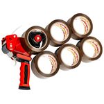 Packatape Packing Tape Gun with 6 Rolls of Extra Strong Brown Tape - Heavy Duty Packaging Tape with Premium Dispenser for Moving, Shipping and Storage