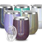 THILY Stainless Steel Wine Tumbler Insulated T2 Stemless Portable Travel Wine Glass with Spill Proof Lid and Reusable Straw, 12 oz, Keep Cold & Hot for Coffee, Cocktails, Drinks, Glitter Red-Brown