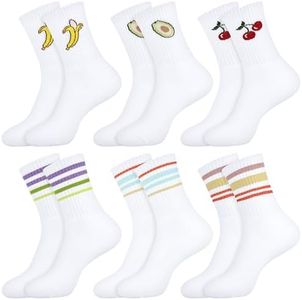 Moyel 6 Pairs White Crew Socks Women Stripe Funny Cute Athletic Socks for Women Pack Womens Running Gym Tennis Sport Socks Women’s Cotton Socks, Size 6-9