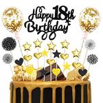 Happy Birthday Cake Topper 18th, 25pcs Black Gold Glitter Happy 18th Birthday Cake Topper with Star Heart Paper Fan Balloon, Birthday Cupcake Topper for Boys Eighteen Anniversary Birthday Party Decor