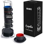 MIAMIO - 75 ml Espresso Cup Set with Saucers Coffee Mug Set of 6 - Ceramic Coffee Mug Stackable Espresso Mug with Stand for Coffee Drinks, Latte, Cafe Mocha - Le Papillon Collection (Colorful)