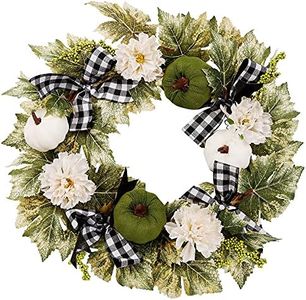 MAGGIFT Fall Wreath for Front Door, Harvest Artificial Wreaths with White & Green Pumpkins, White Flowers and Bowknots, for Thanksgiving Autumn Home Window Wall Indoor Outdoor Decor