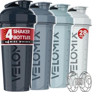 VELOMIX -4 PACK- 28 oz Shaker Cups for Protein Shakes - 4x Wire Whisk | Leak Proof Protein Shaker Bottles for Protein Mixes | Protein Shaker Bottle Pack | Mixer for Protein Shakes(Aqua Depths)