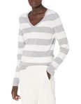 Amazon Essentials Women's Lightweight V-Neck Sweater, Light Grey Heather/White Stripe, Medium