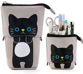 Transformer Stand Store Pencil Holder Canvas PU Cartoon Cute Cat Telescopic Pencil Organizer Makeup Bag Cosmetics Pouch Stationery Pen Case Box with Zipper for Students Boys and Girls (Grey)